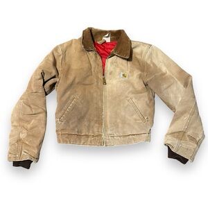 Vintage 90s Carhartt Detroit Jacket JQ606 Youth Size 16 Red Quilt Lined Duck USA
